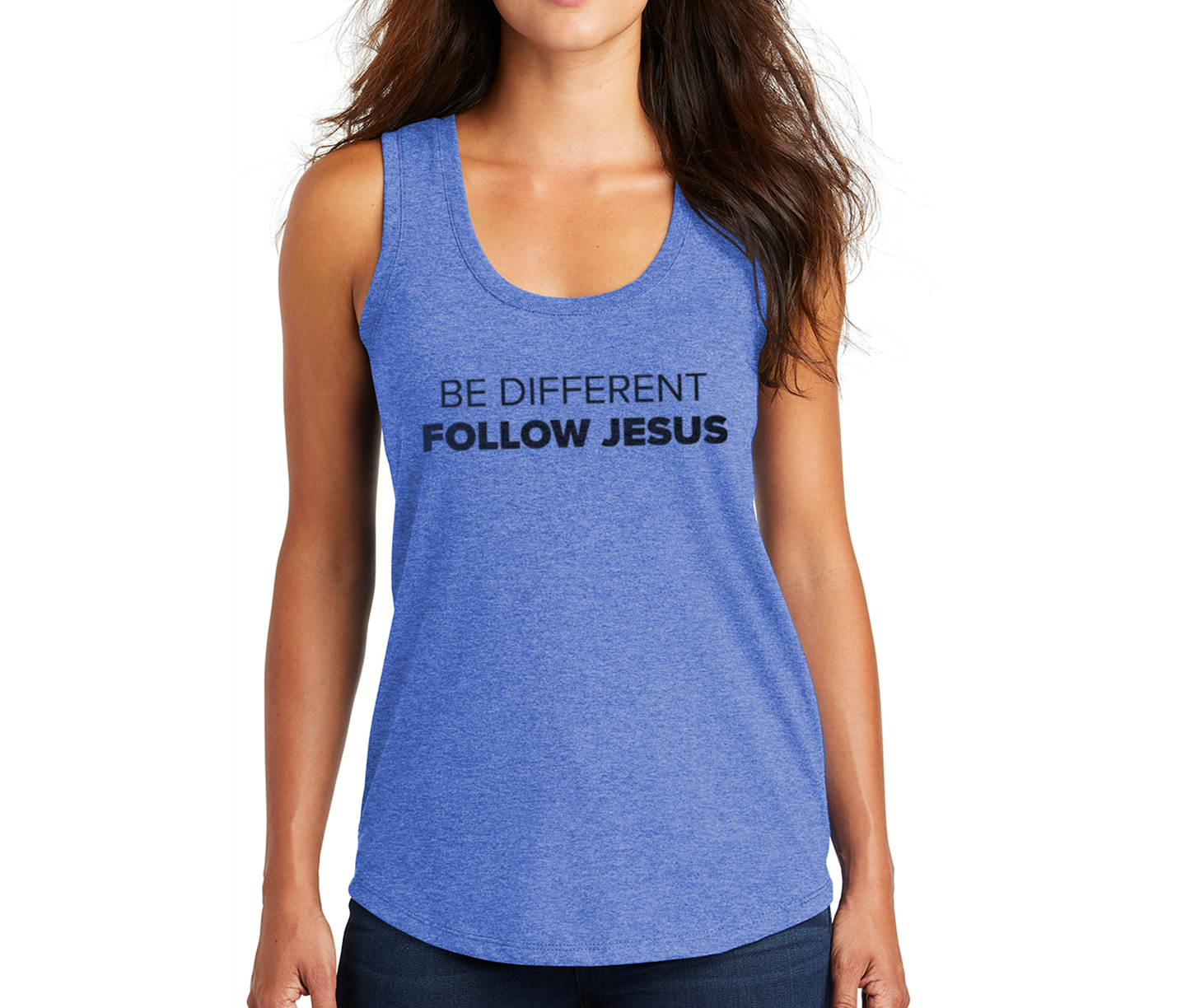 BE DIFFERENT FOLLOW JESUS TANK BLUE FRONT - CHRISTIAN CLOTHING